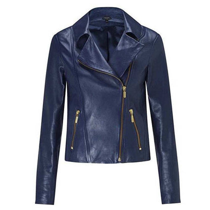 Ruth Langsford Blue Leather Motorcycle Jacket for Women