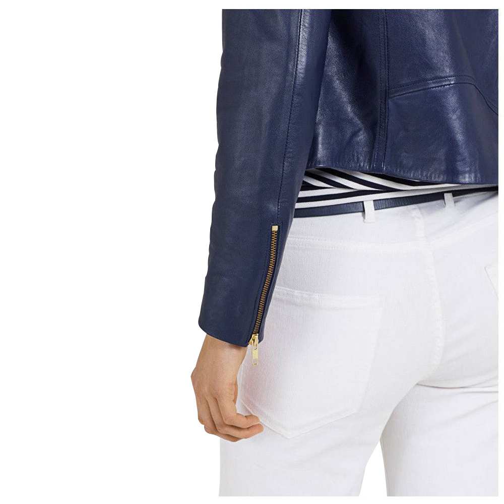 Ruth Langsford Blue Leather Motorcycle Jacket for Women in zoom view