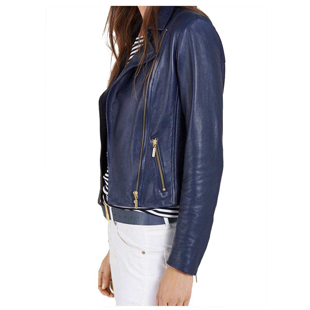 Ruth Langsford Blue Leather Motorcycle Jacket for Women sideview
