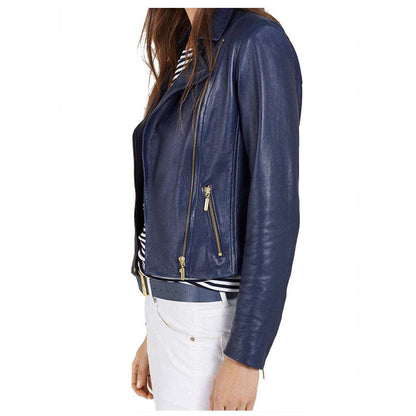 Ruth Langsford Blue Leather Motorcycle Jacket for Women sideview
