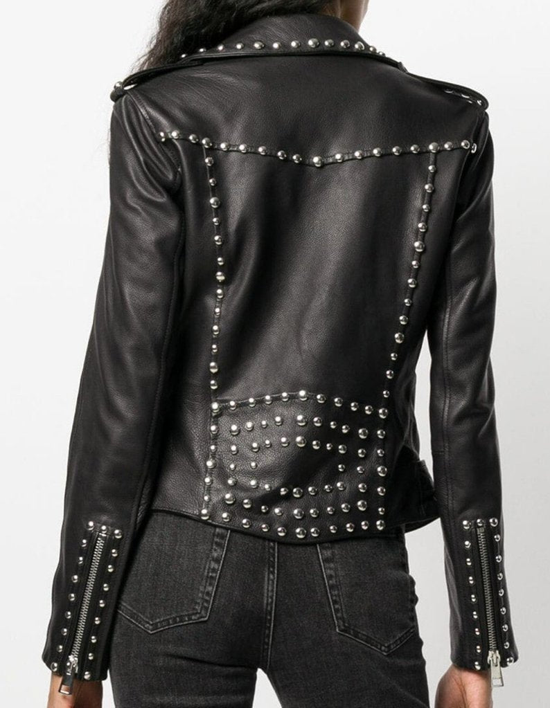 Silver Studs Black Leather Brando Jacket Women