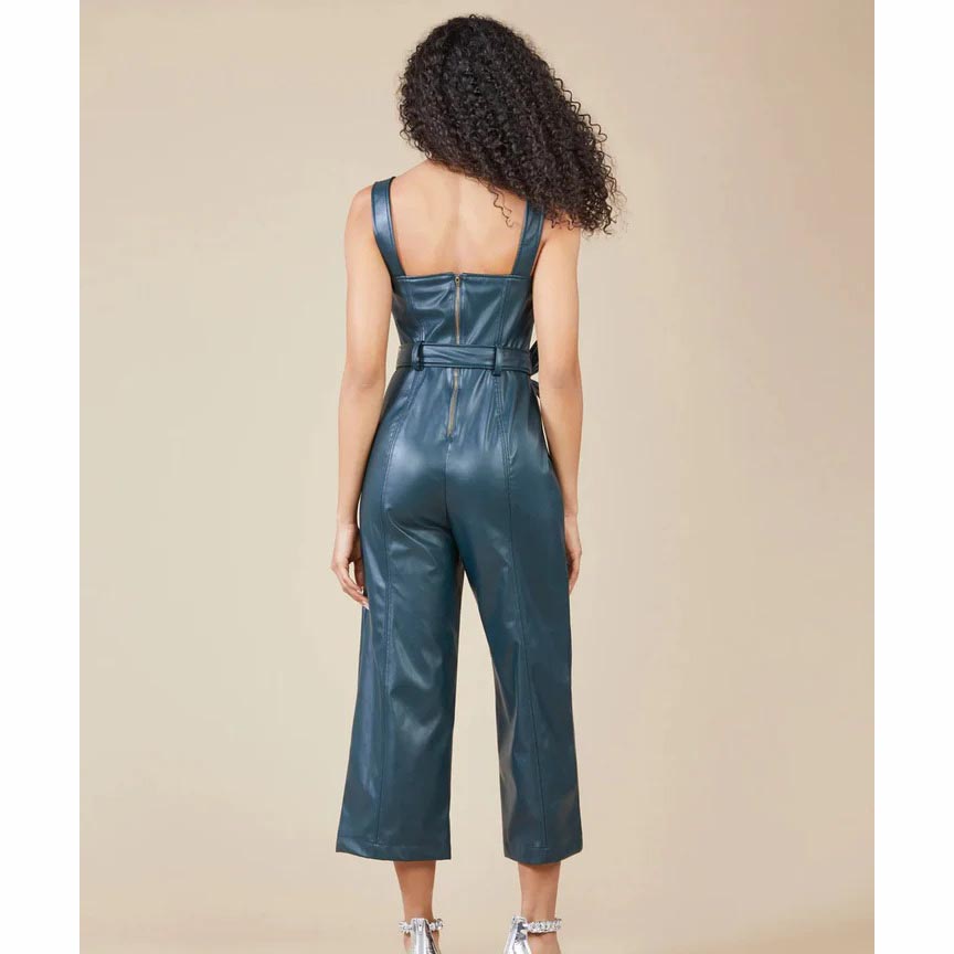 Sleeveless Utility Blue Leather Jumpsuit for Women
