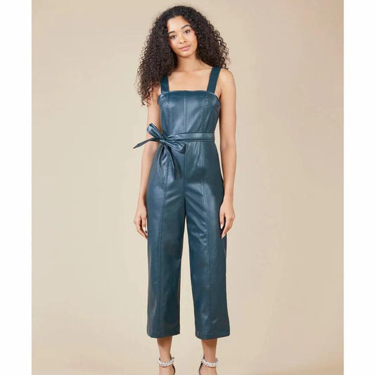 Sleeveless Utility Blue Leather Jumpsuit for Women