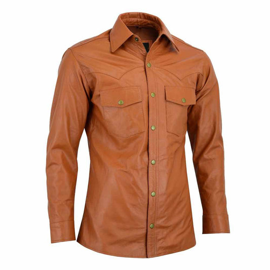 Slim Fit Tan Brown Men Full Sleeve Soft Leather Shirt