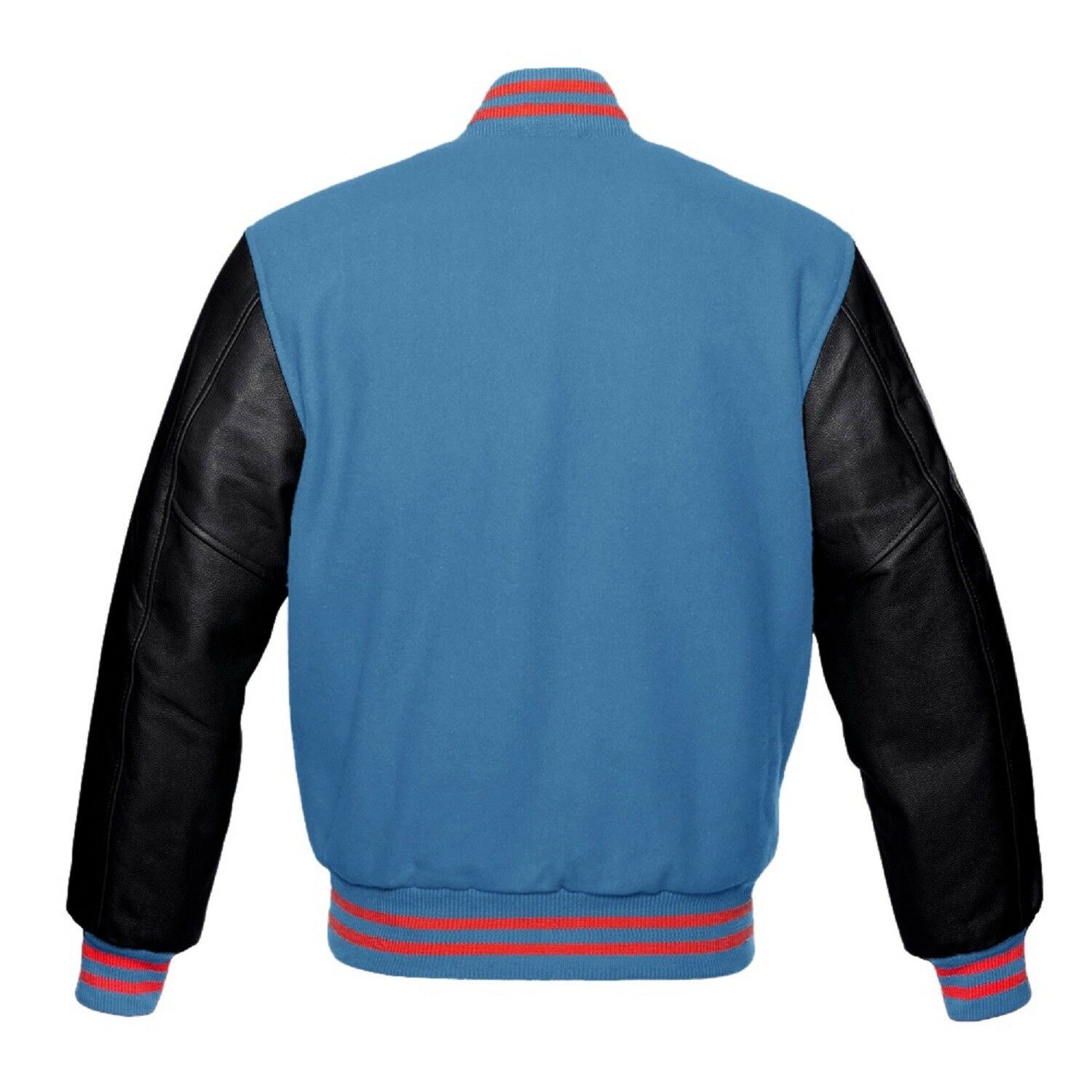 blue letterman jacket with leather sleeve