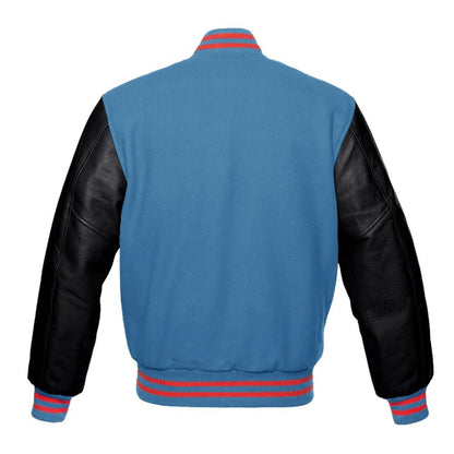 blue letterman jacket with leather sleeve