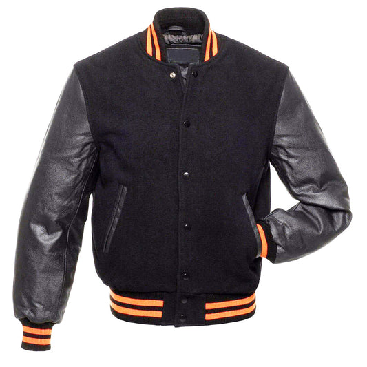 Varsity Bomber Baseball Jacket in black and orange