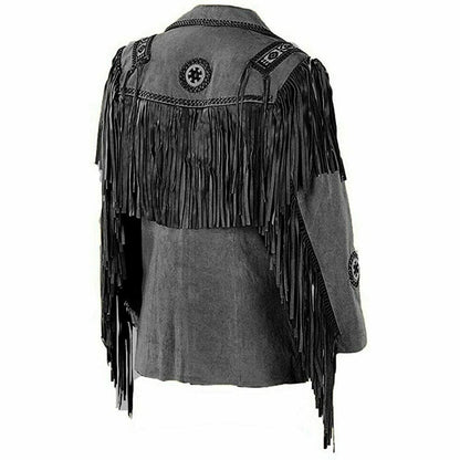Western Cowboy Black Suede Leather Jacket Native America Vintage Fashion Coat