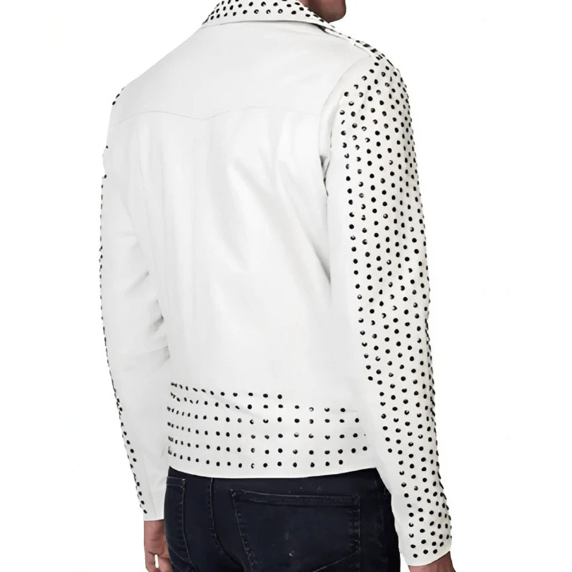 White-colored Men's Studded Biker Leather Jacket