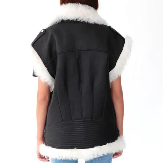 Women Black Leather and White Fur Sheepskin Shearling Vest