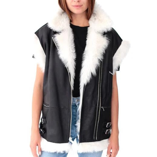 Women Black Leather and White Fur Sheepskin Shearling Vest