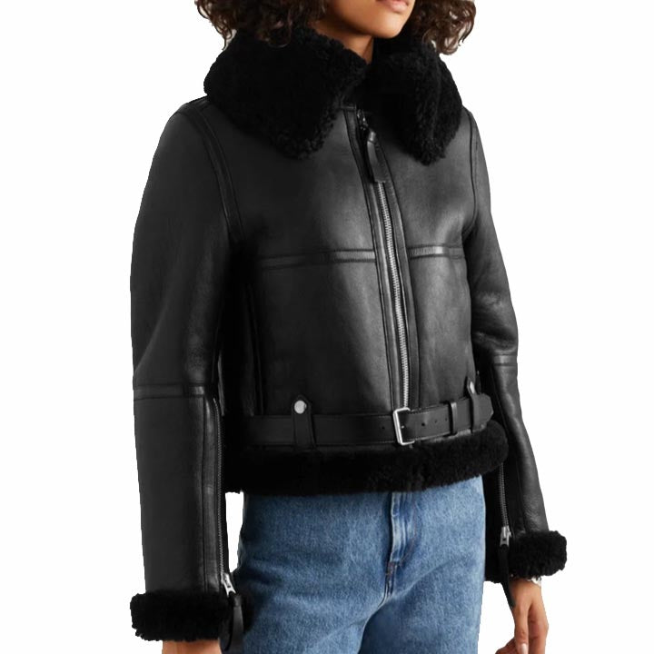 Women Black Sheepskin Shearling Leather Jacket