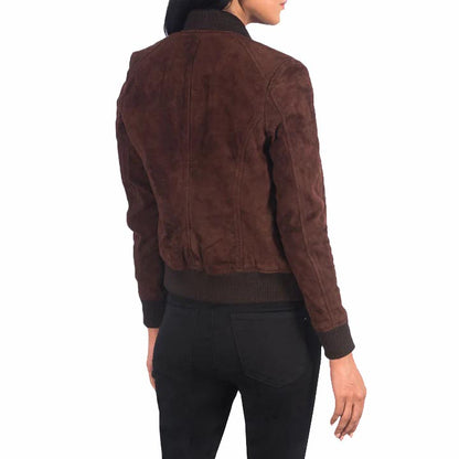 Women Brown Suede Leather Bomber Jacket