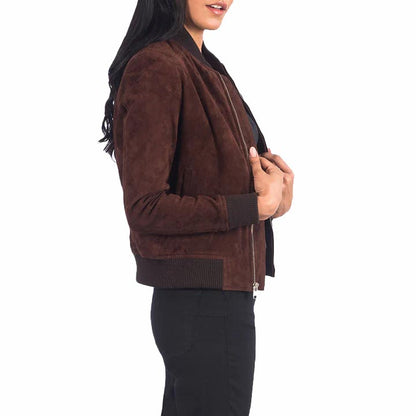Women Brown Suede Leather Bomber Jacket