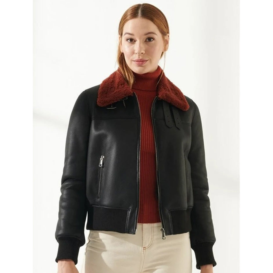 Women Leather Bomber Jacket with Red Fur Collar