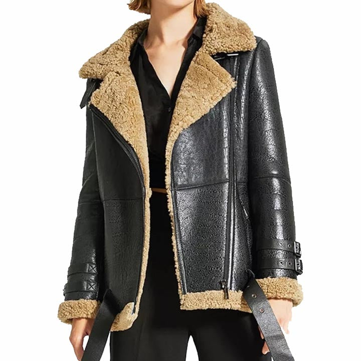 Women Oversized Black Sheepskin Shearling Leather Jacket Coat