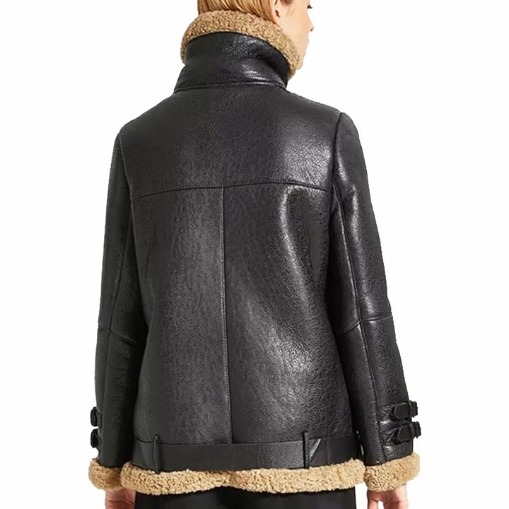 Women Oversized Black Sheepskin Shearling Leather Jacket Coat