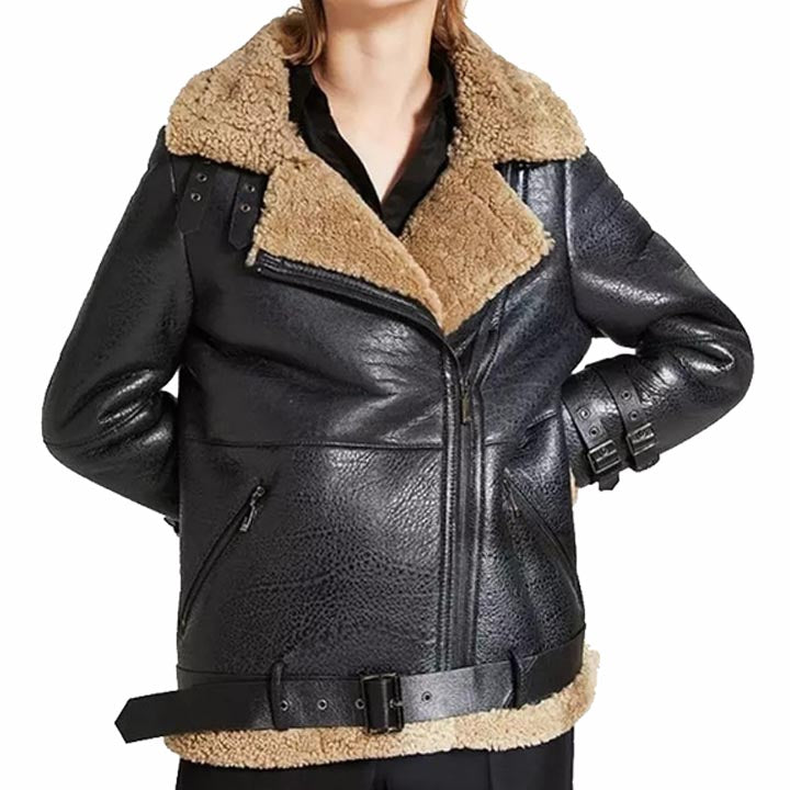 Women Oversized Black Sheepskin Shearling Leather Jacket Coat