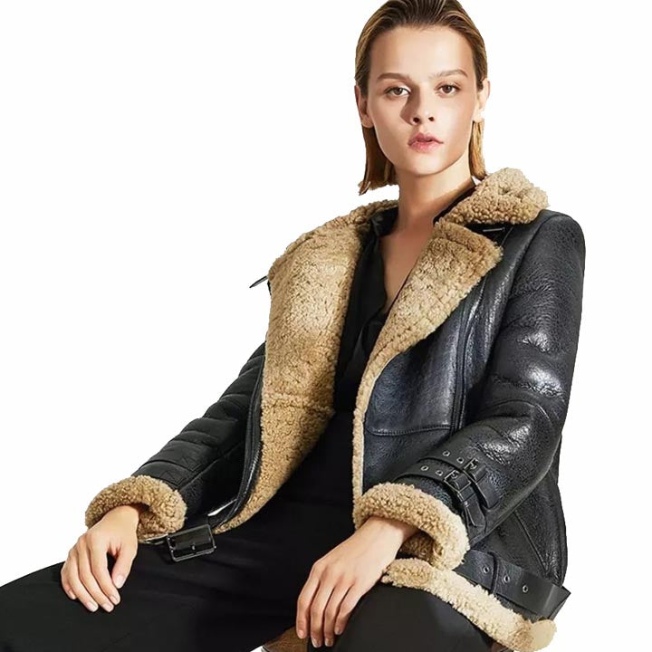 Women Oversized Black Sheepskin Shearling Leather Jacket Coat