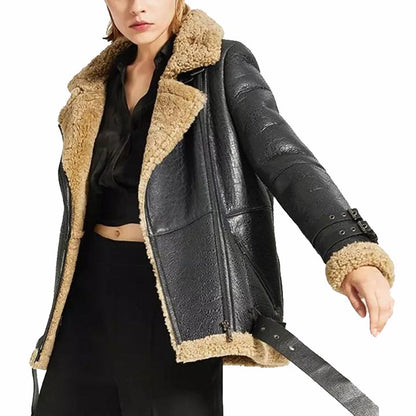 Women Oversized Black Sheepskin Shearling Leather Jacket Coat