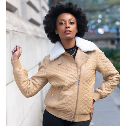 Women Quilted Leather Jacket with Shearling Collar