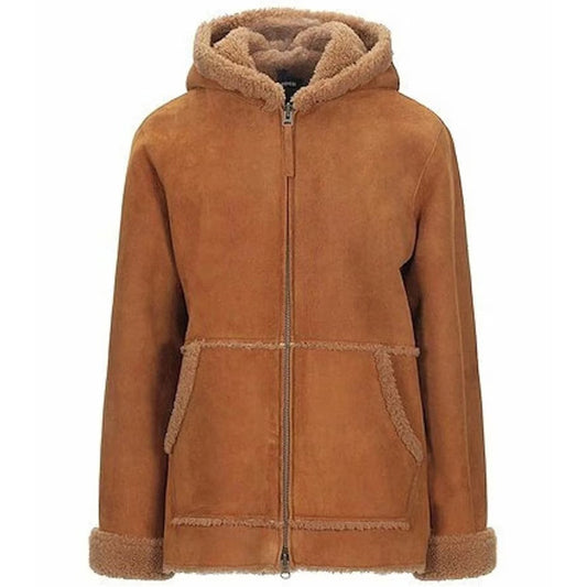 Women RAF B3 Bomber Pilot Suede Leather Shearling Jacket with Hooded Collar
