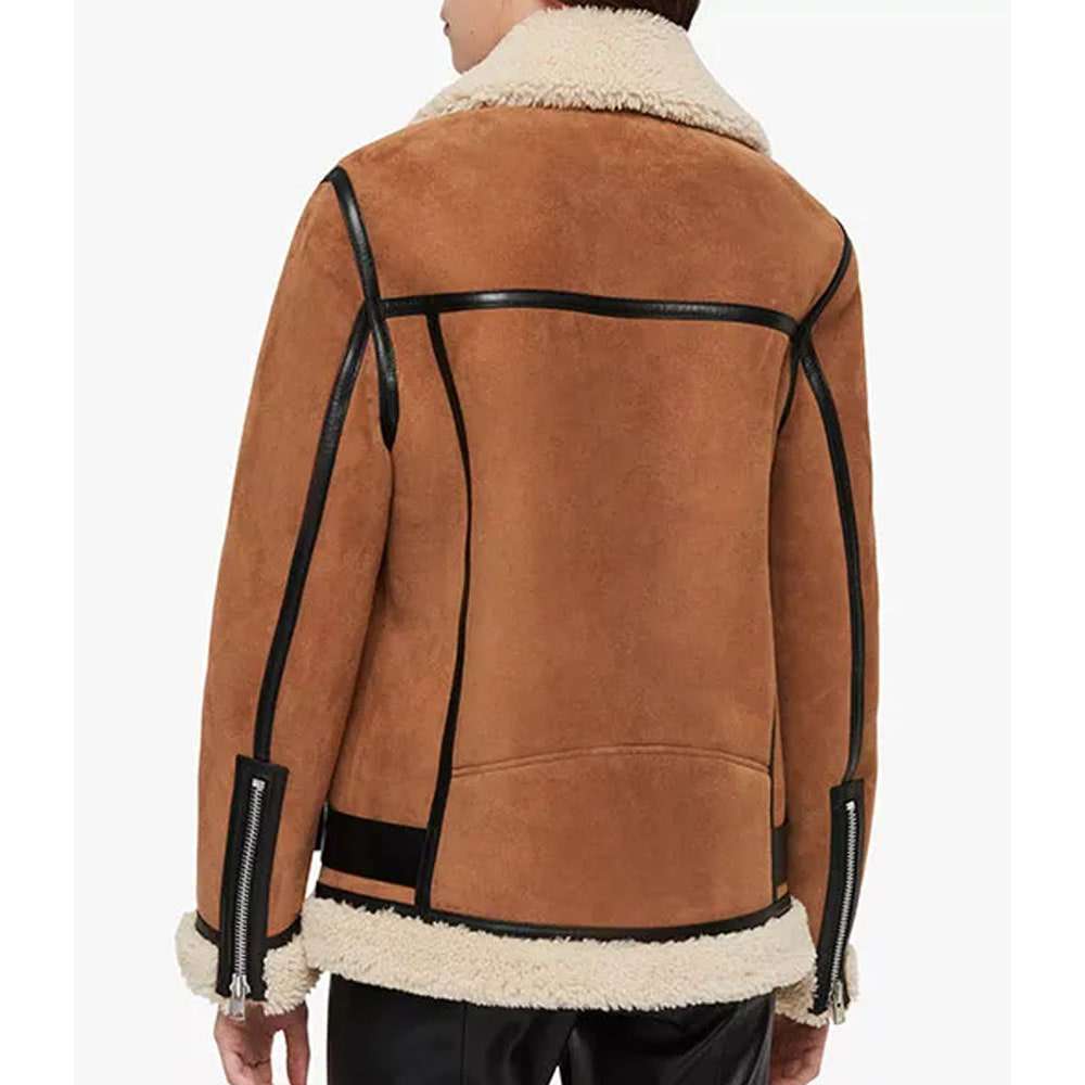 Women Brown Suede Leather Shearling Motorcycle Jacket