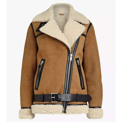 Women Brown Suede Leather Shearling Motorcycle Jacket