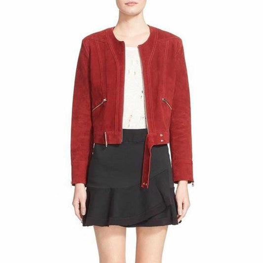 Women Burgundy Suede Leather Slim Fit Motorcycle Jacket