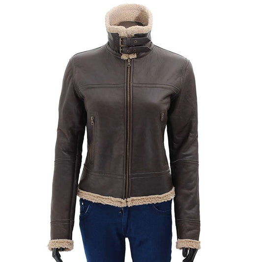 Women Dark Brown Bomber Shearling Leather Jacket
