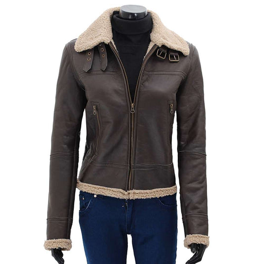 Women Dark Brown Bomber Shearling Leather Jacket