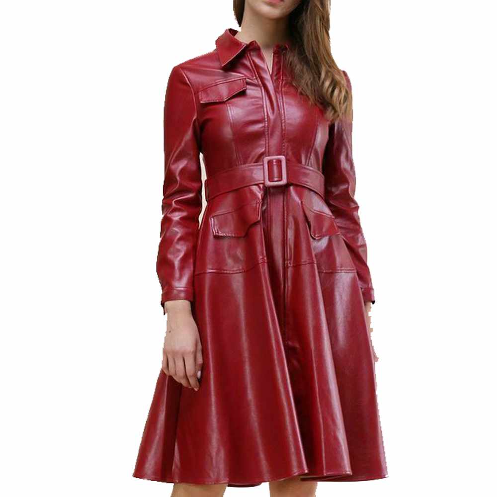 Genuine Red Leather Party Dress Coat For Women