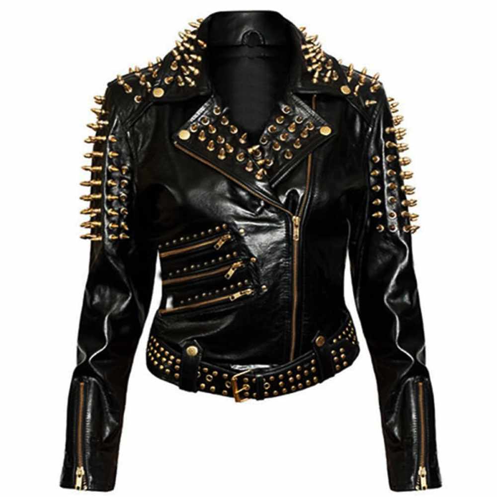 Women Gold Studded Biker Fashion Black Leather Jacket