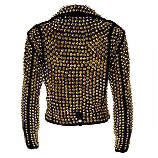 Women Golden Studded Heavy Metal Leather Jacket
