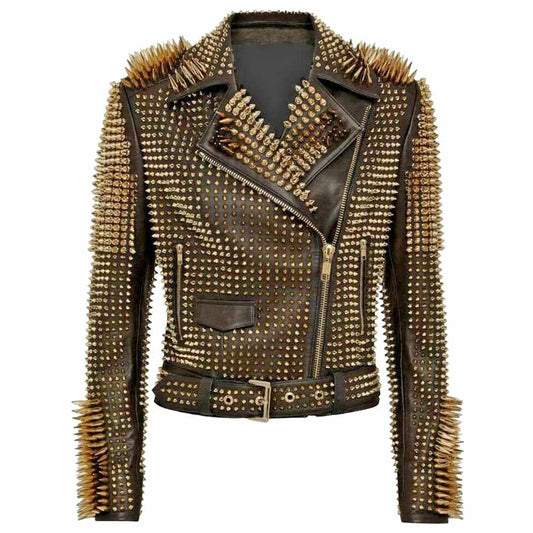 Women Golden Studded Spikes Leather Jacket