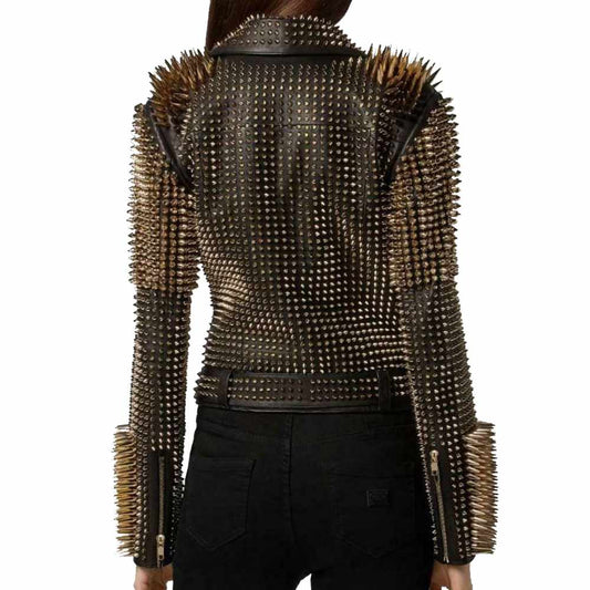 Women Golden Studded Spikes Leather Jacket