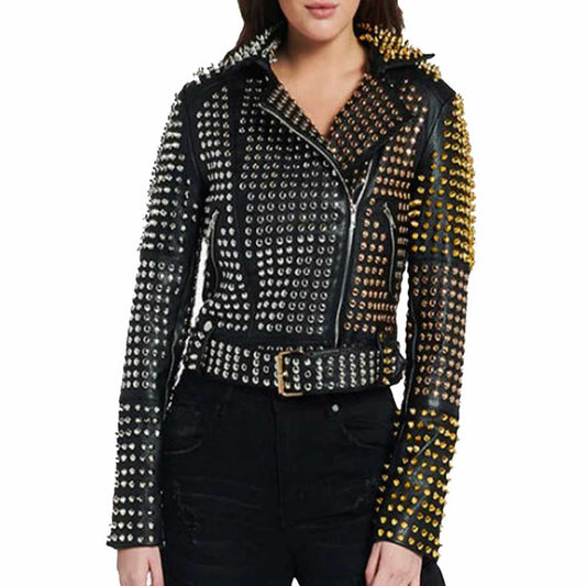 Women Punk Rock Black Leather Golden Silver Studded Leather Jacket
