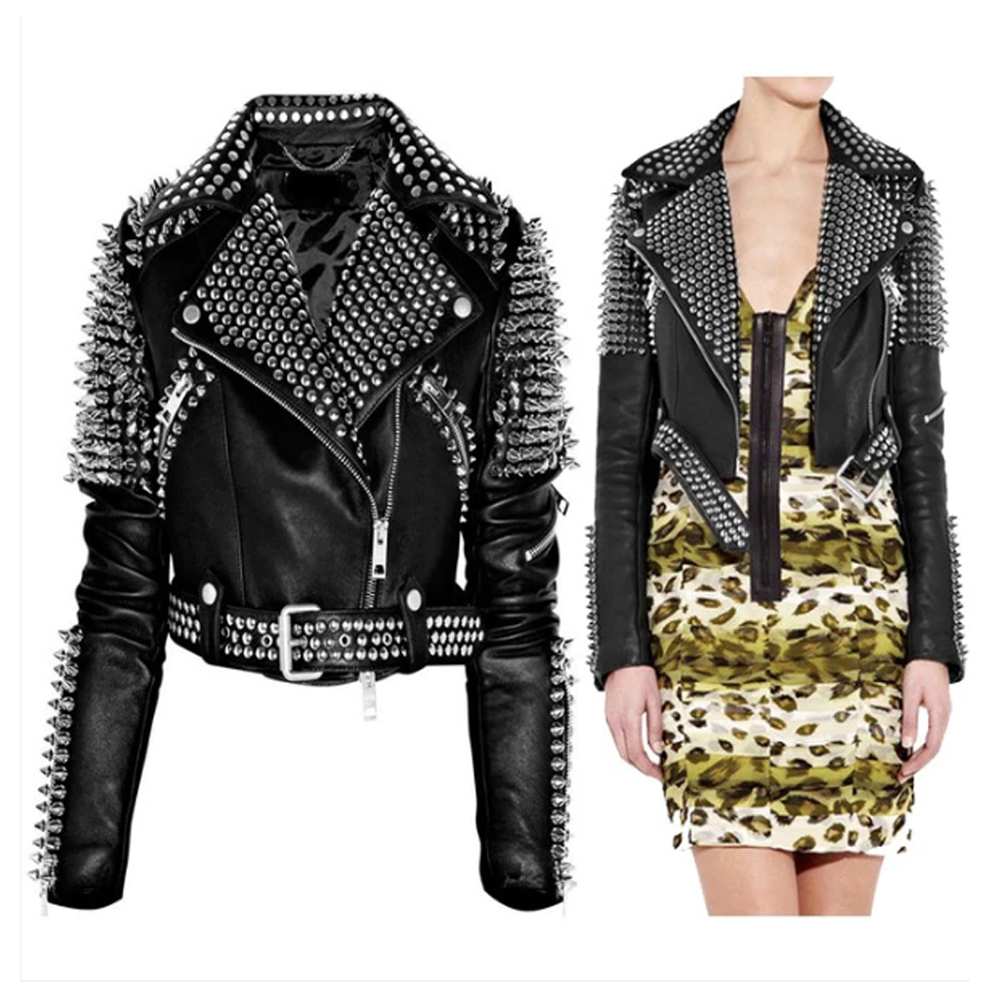 Women Punk Rock Silver Studded Biker Leather Jacket