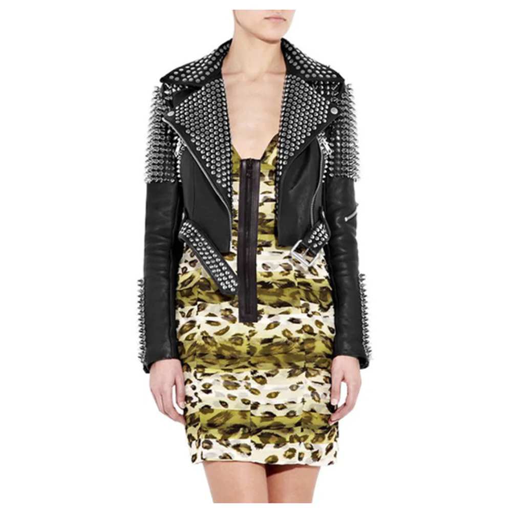 Women Punk Rock Silver Studded Biker Leather Jacket