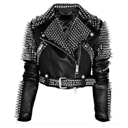 Women Punk Rock Silver Studded Biker Leather Jacket