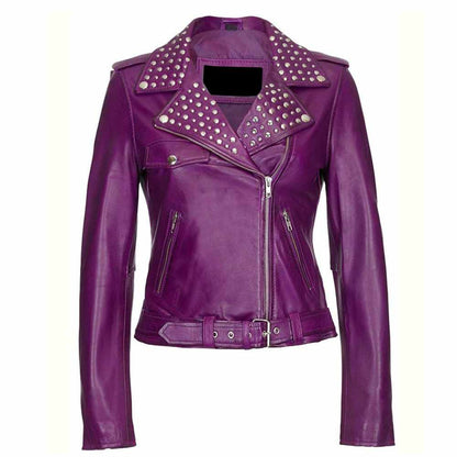 Women Purple Leather Studded Biker Fashion Jacket