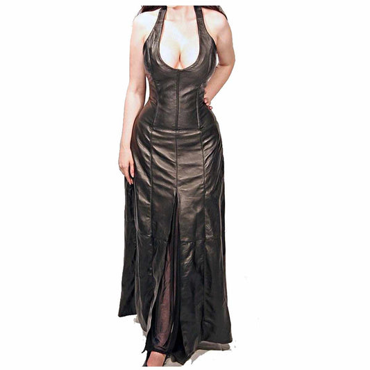 Women Sexy Long Black Leather Cocktail Party Dress
