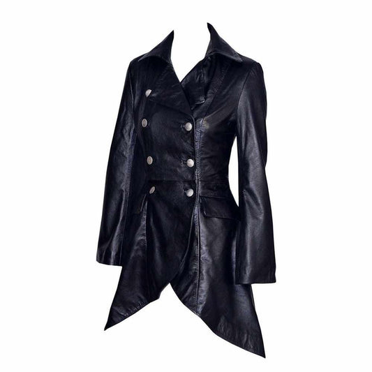 Women Victorian Double Breast Black Leather Coat