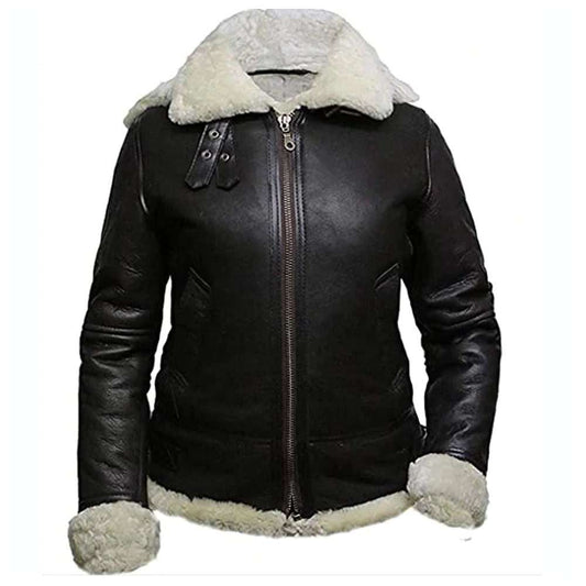 Women WW2 Aviator Pilot Shearling Black Leather Jacket