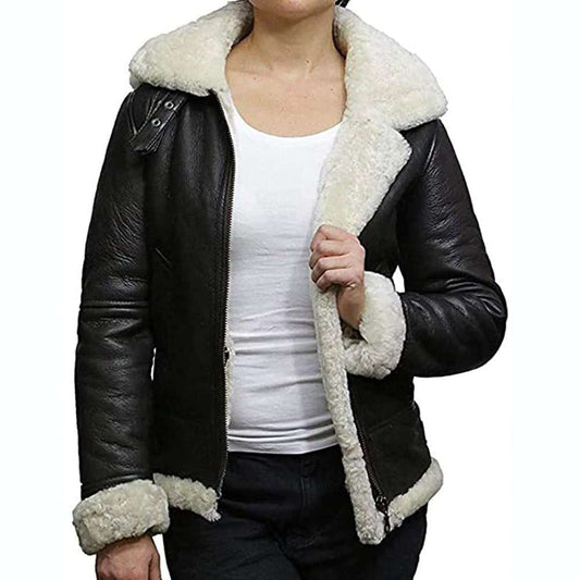 Women WW2 Aviator Pilot Shearling Black Leather Jacket