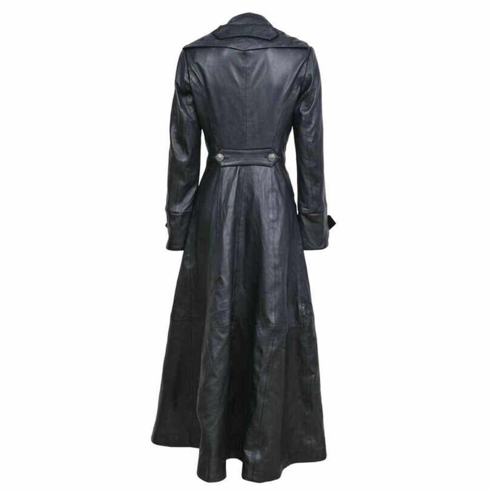 Women Black Genuine Leather Trench Military Long Coat back view