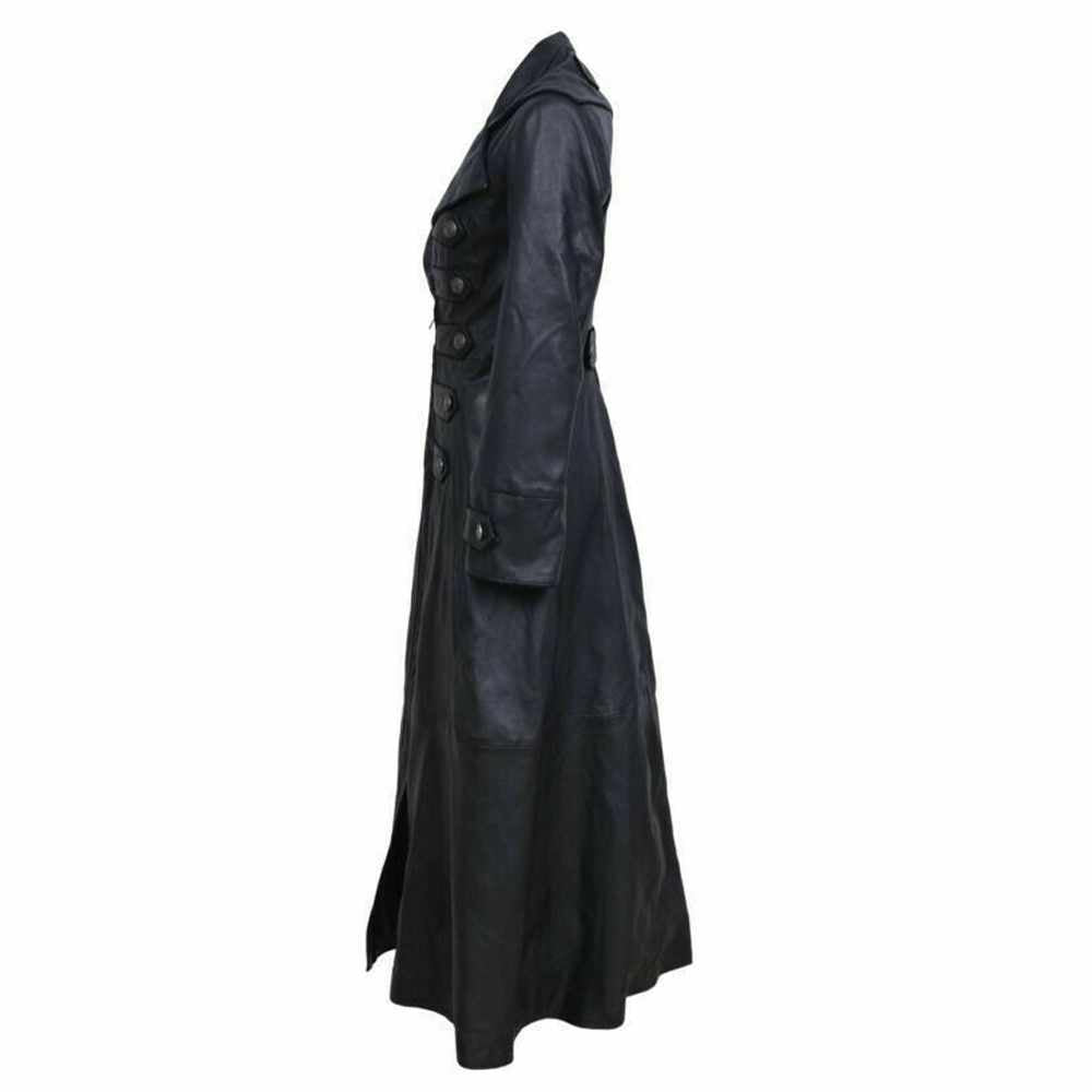 Women Black Genuine Leather Trench Military Long Coat full side view