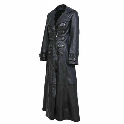 Women Black Genuine Leather Trench Military Long Coat side view