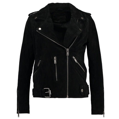 Women Black Suede Genuine Soft Leather Motorcycle Jacket
