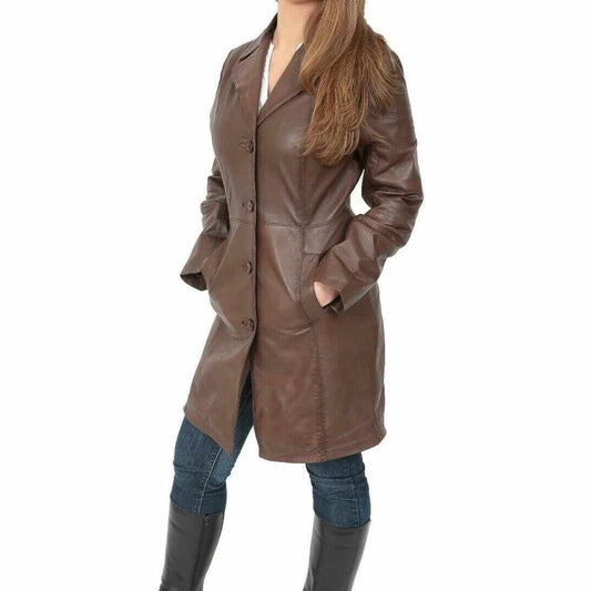 Women Brown Leather Short Body Trench Coat